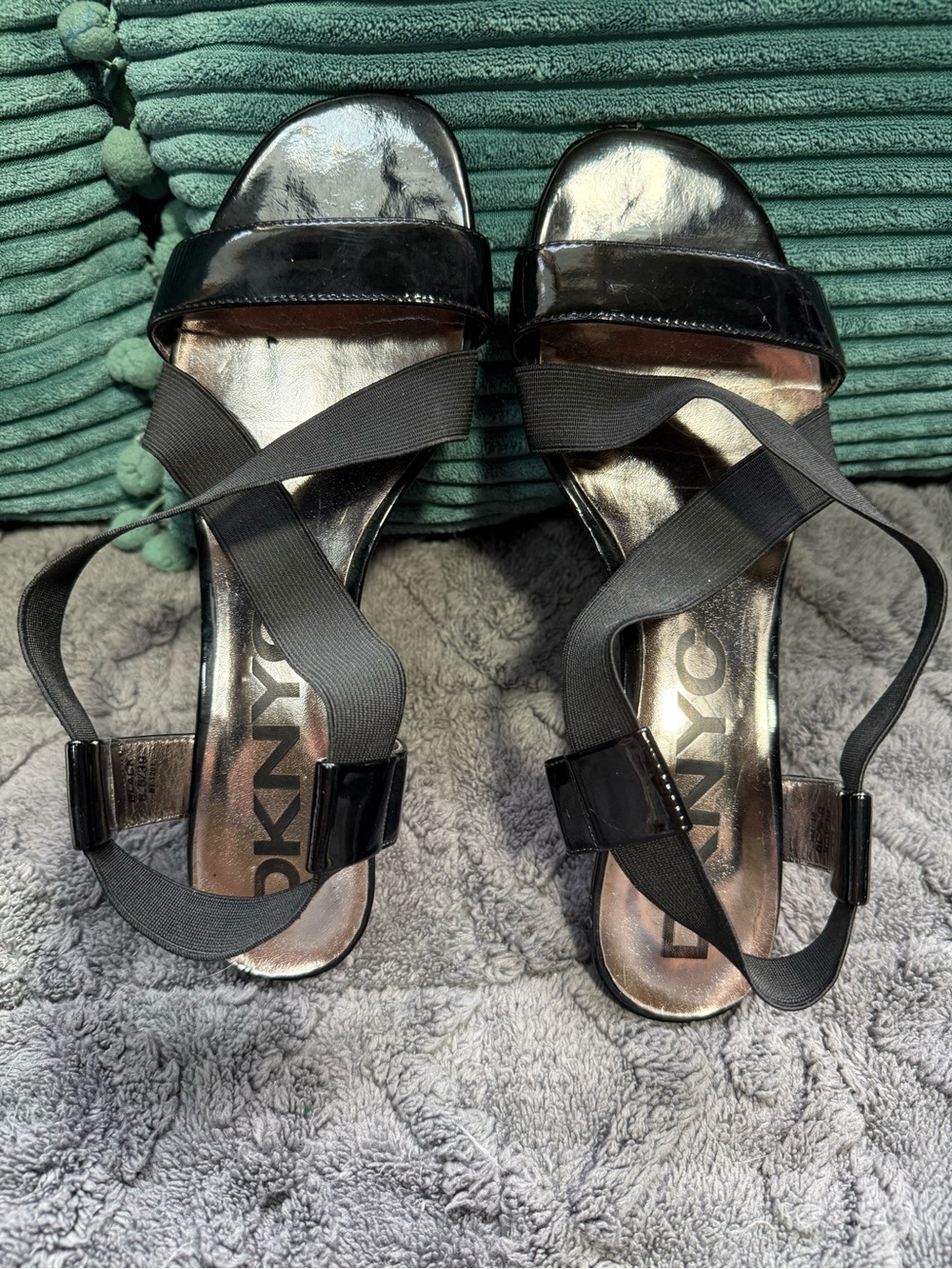DKNY “Bibiana” Black Patent & Elastic Platform Wedge Sandals-kitten heel (8.5)
